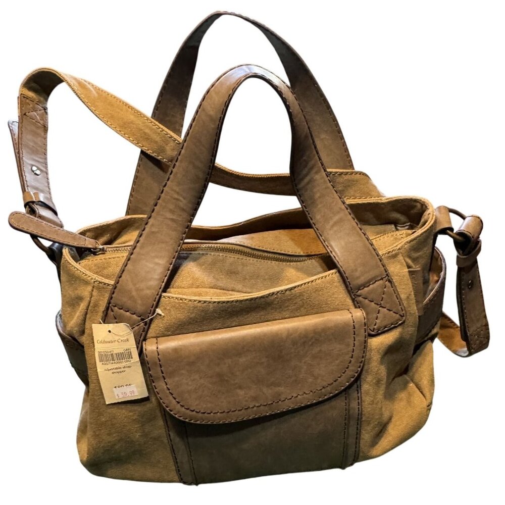 NWT Coldwater Creek Adjustable Strap Shopper Handbag Olive Canvas Leather